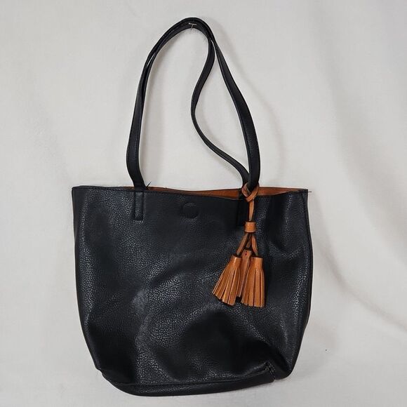 Reversible Handbag/Tote Bag with Tassel-Black/Brown Vegan Leather, Unbranded - Picture 1 of 11